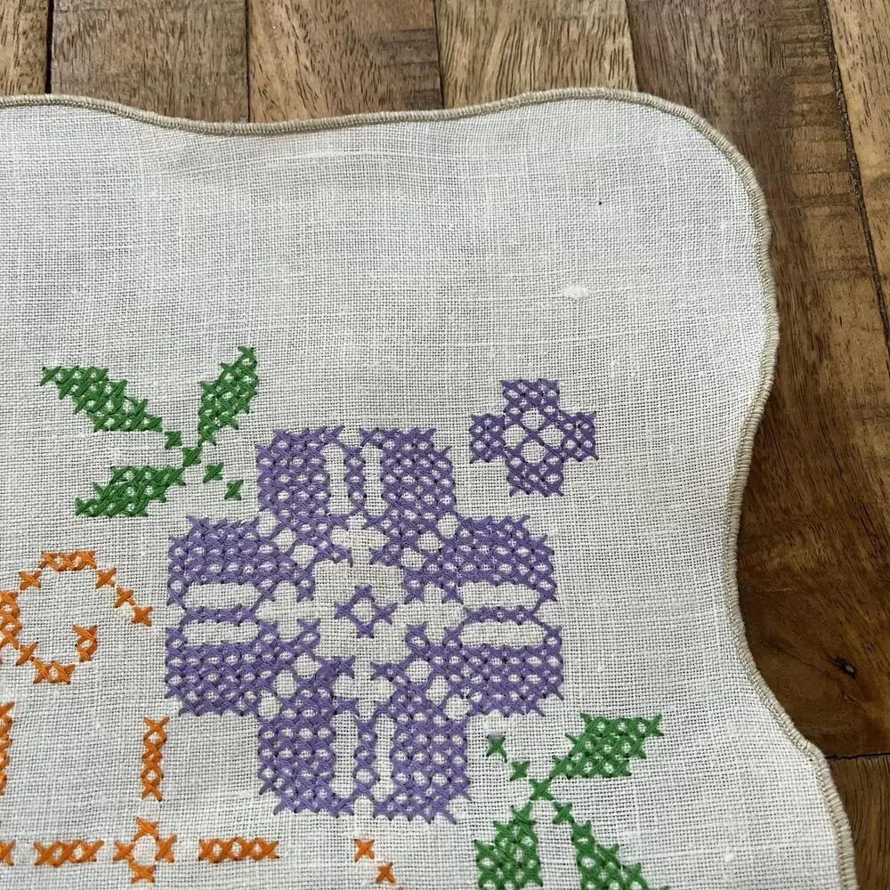 Vintage Linen Table Runner 13 x 38 in Cross Stitched White Purple Flowers
